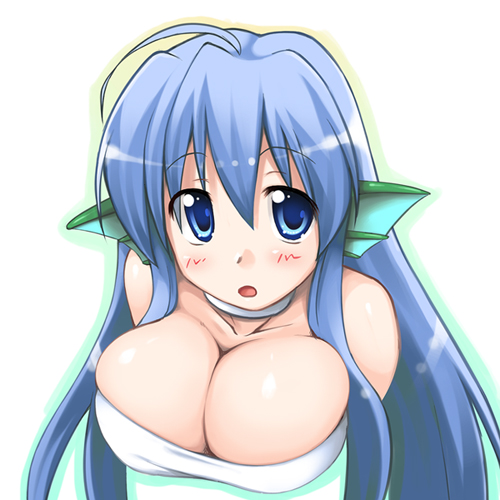 ikujitto, serilly (puyopuyo), madou monogatari, puyopuyo, bad id, bad pixiv id, lowres, 1girl, blue eyes, blue hair, blush, breasts, cleavage, female focus, fins, head fins, large breasts, long hair, matching hair/eyes, mermaid, monster girl, solo