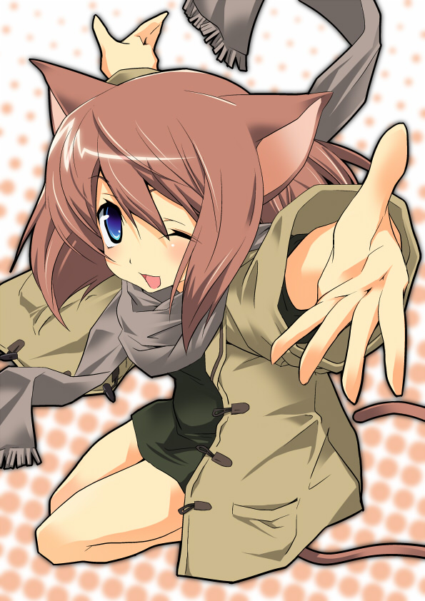 hermmy, original, animal ears, blue eyes, blush, brown hair, foreshortening, one eye closed, scarf, tail, wink
