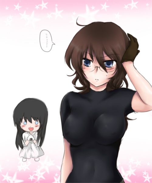 mari mozuku, marimo danshaku, marina ismail, shirin bakhtiar, gundam, gundam 00, bad id, bad pixiv id, 00s, 2girls, black hair, blue eyes, blush, breasts, brown hair, chibi, dress, food, glasses, gloves, huge breasts, long hair, multiple girls, onigiri, short hair