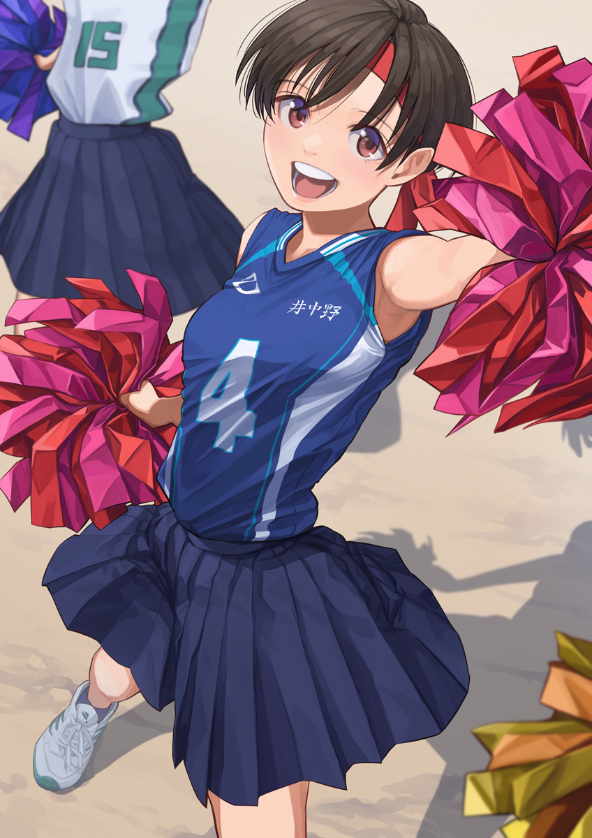 otsu natsu, original, highres, arm up, black skirt, brown eyes, brown hair, cheerleader, headband, outdoors, pom pom (cheerleading), red headband, shadow, shoes, short hair, shorts, skirt, sleeveless, sneakers, sportswear, white shorts