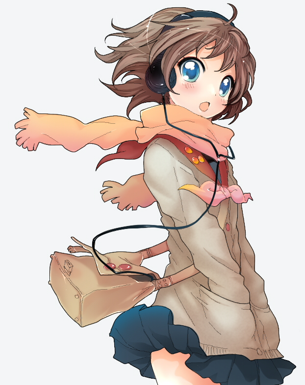 mosho, colorized, 1girl, bag, blue eyes, blush, brown hair, female focus, headphones, scarf, short hair, skirt, solo