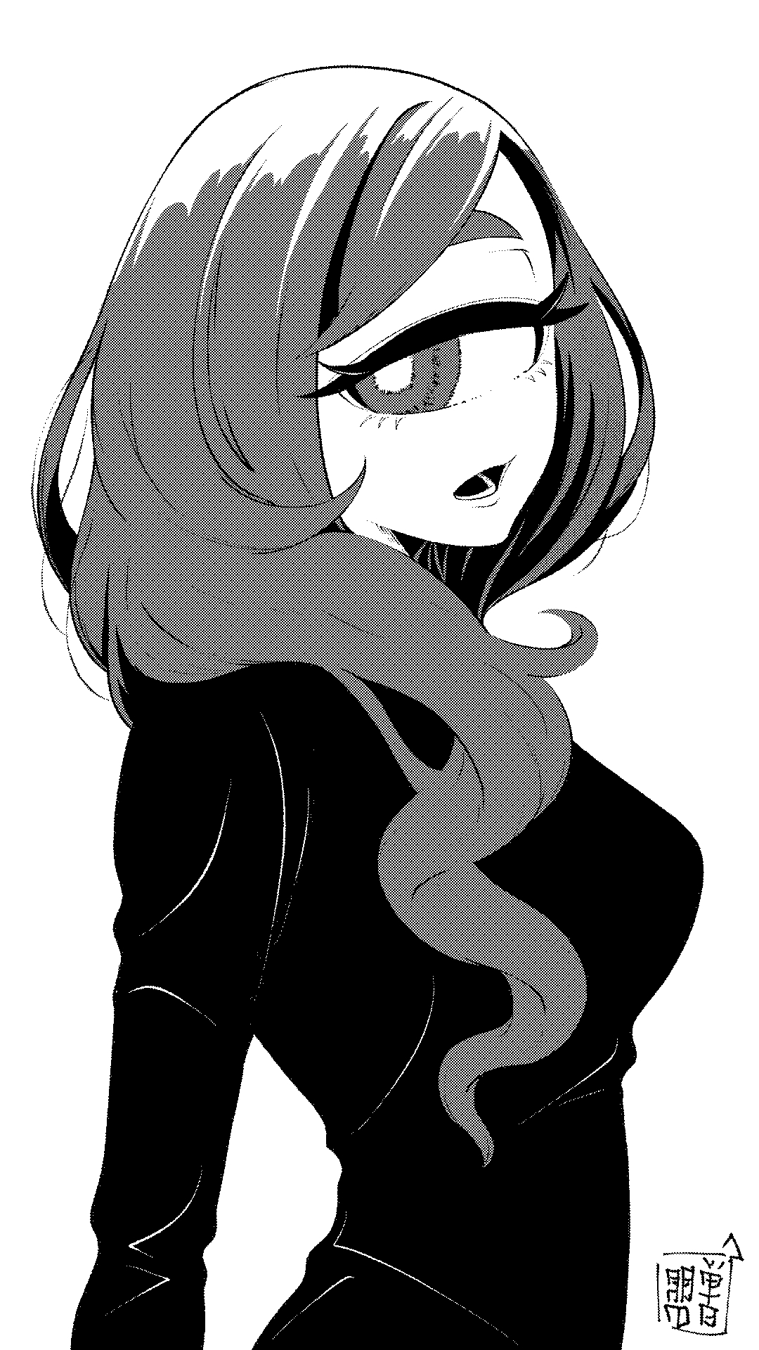 yakochu, original, highres, breasts, cyclops, greyscale, long hair, long sleeves, medium breasts, monochrome, one-eyed, open mouth, simple background, thick eyebrows, upper body, white background