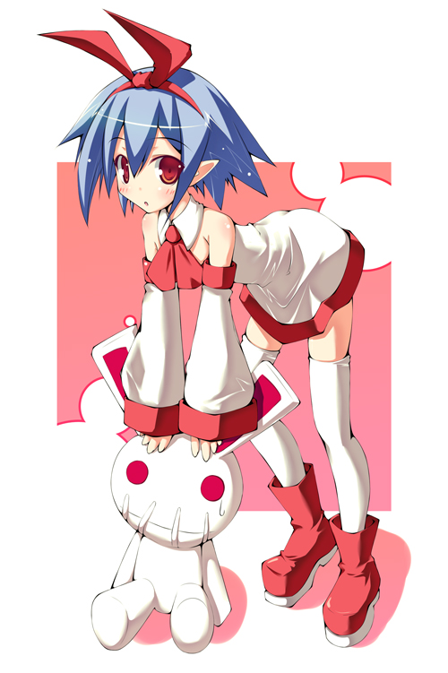 chu (chu inthis), pleinair, usagi-san, nippon ichi, original, 1girl, blue hair, detached sleeves, dress, female focus, full body, hairband, pointy ears, rabbit, red eyes, short hair, solo, stuffed animal, stuffed rabbit, stuffed toy, thighhighs, zettai ryouiki