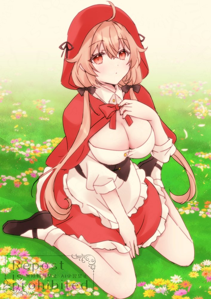 oyu (aoba 0054), little red riding hood (fairy tale character), murasame (halloween) (kancolle), murasame (kancolle), murasame kai ni (kancolle), kantai collection, little red riding hood (fairy tale), commentary request, 1girl, apron, black shoes, breasts, brown hair, capelet, cleavage, cosplay, frilled apron, frilled skirt, frills, full body, grass, hair flaps, halloween costume, hand on own chest, large breasts, little red riding hood (fairy tale character) (cosplay), looking at viewer, low twintails, mary janes, red capelet, red eyes, red hood, red skirt, shirt, shoes, sitting, skirt, solo, twintails, waist apron, wariza, watermark, white apron, white shirt