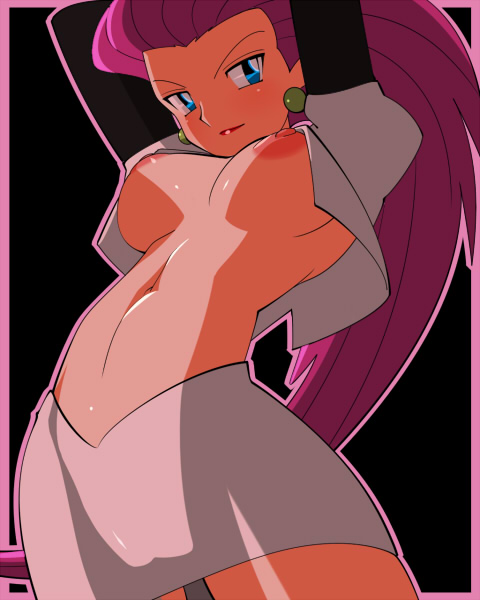 amada, jessie (pokemon), nintendo, pokemon, pokemon (anime), bad id, bad pixiv id, 1girl, arms up, big hair, blue eyes, breasts, earrings, female focus, from below, hair slicked back, jewelry, large breasts, long hair, looking down, nipples, open clothes, open shirt, pink hair, shirt, skirt, solo, team rocket, underboob