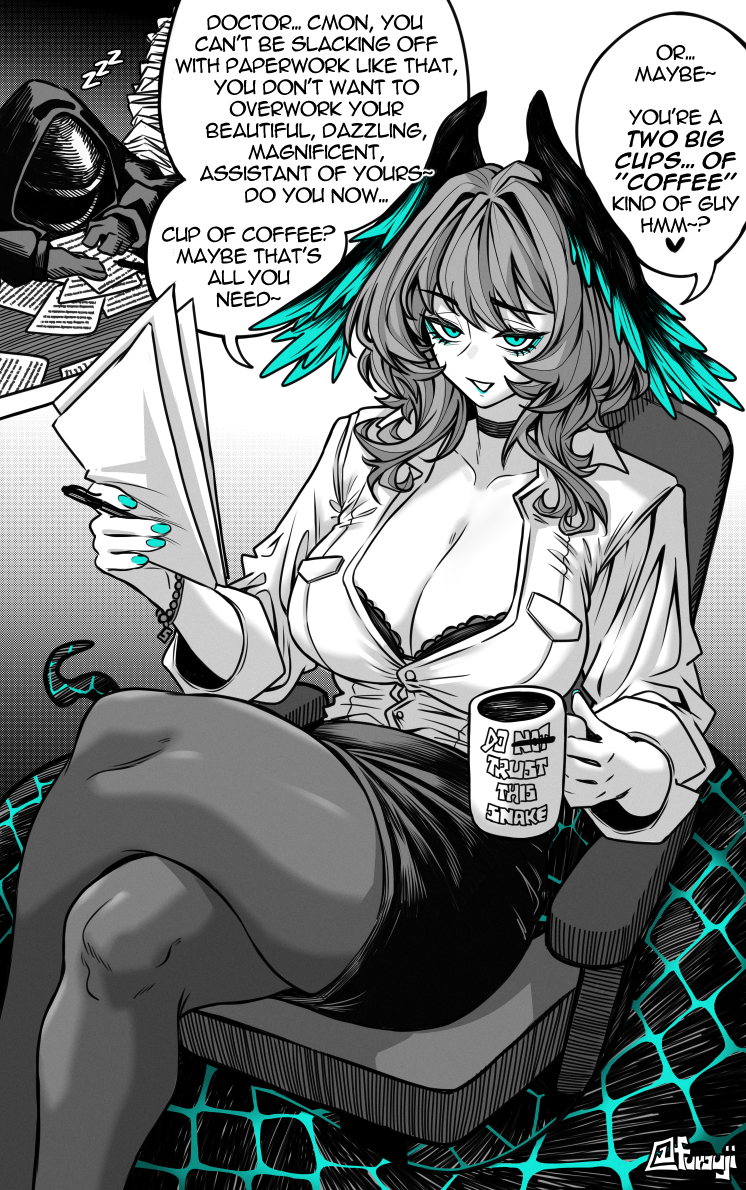 furauji, doctor (arknights), ho'olheyak (arknights), arknights, 1girl, blue eyes, blue nails, bra, bra peek, breasts, coffee mug, collared shirt, crossed legs, cup, english text, head wings, holding, holding cup, holding paper, large breasts, long sleeves, mug, office lady, pantyhose, paper, shirt, sitting, skirt, snake tail, spot color, tail, underwear, wings