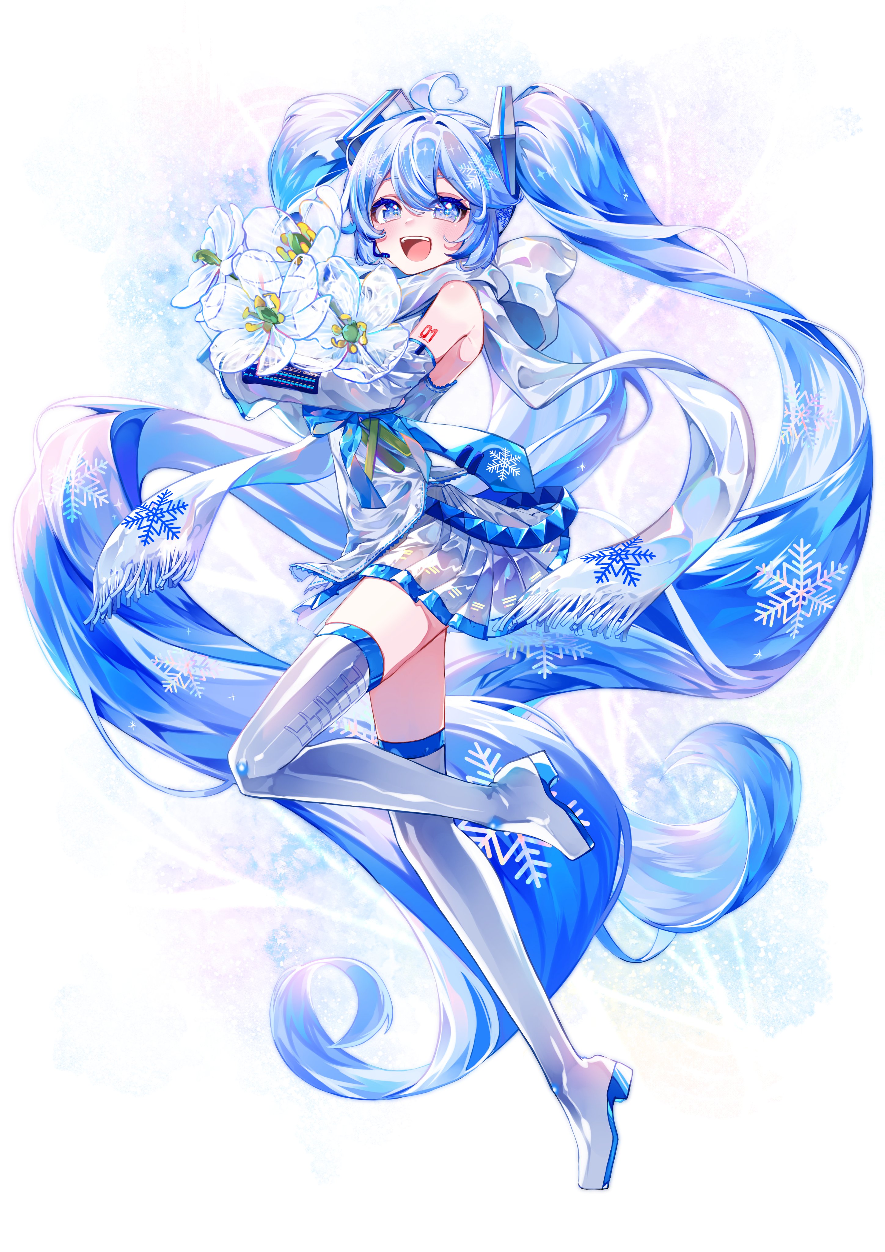 shirayuki towa, hatsune miku, yuki miku, yuki miku (2011), vocaloid, absurdres, highres, 1girl, absurdly long hair, ahoge, arm tattoo, blue trim, blush, boots, detached sleeves, flower, hair between eyes, hair ornament, long hair, long sleeves, looking at viewer, number tattoo, official alternate costume, open mouth, pleated skirt, scarf, shirt, skirt, smile, snowflake print, solo, tattoo, thigh boots, twintails, very long hair, white flower, white scarf, white shirt, white skirt, wide sleeves