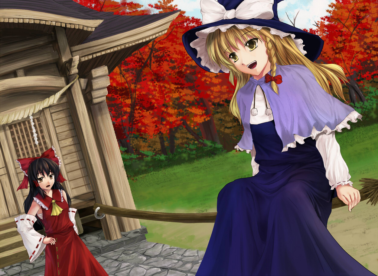 ryuushou, hakurei reimu, kirisame marisa, touhou, 2girls, :d, ascot, autumn leaves, black dress, blonde hair, blush, braid, broom, broom riding, capelet, detached sleeves, dress, dutch angle, female focus, hat, leaf, long sleeves, looking to the side, multiple girls, open mouth, outdoors, path, ribbon-trimmed sleeves, ribbon trim, road, shrine, single braid, smile, temple, wavy hair, witch hat