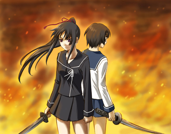 isayama yomi, tsuchimiya kagura, ga-rei, ga-rei zero, 00s, 2girls, black hair, brown hair, katana, long hair, multiple girls, ponytail, purple eyes, school uniform, short hair, sword, weapon