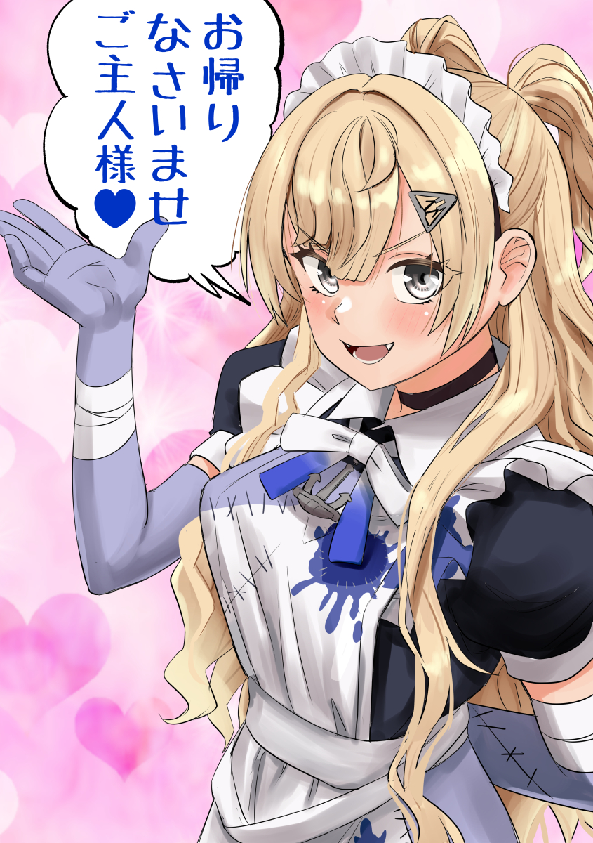 nekotarou (nktr299), minneapolis (halloween) (kancolle), minneapolis (kancolle), kantai collection, commentary request, highres, translation request, 1girl, apron, bandages, black choker, blonde hair, blue gloves, choker, gloves, grey eyes, halloween costume, long hair, looking at viewer, maid, maid headdress, patchwork skin, smile, solo, two side up, upper body, white apron