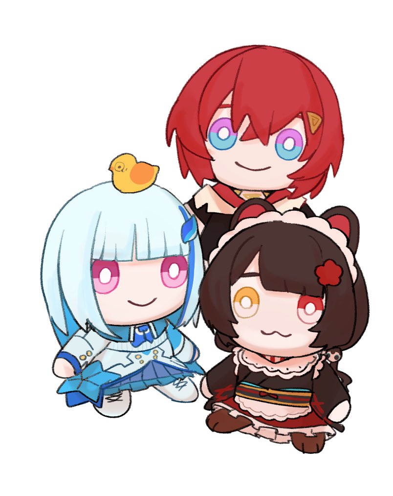 3znk, ange katrina, ange katrina (1st costume), inui toko, inui toko (1st costume), lize helesta, lize helesta (1st costume), sebastian piyodore, nijisanji, :3, animal, animal ears, animal on head, bird, bird on head, blue eyes, blue hair, blunt bangs, bright pupils, brown hair, character doll, closed mouth, colored inner hair, dog ears, doll, flower, hair flower, hair ornament, low twintails, maid headdress, monocle, multicolored eyes, multicolored hair, object focus, on head, pink eyes, purple eyes, red eyes, red hair, sanbaka (nijisanji), simple background, sitting, smile, streaked hair, triangle hair ornament, twintails, two-tone eyes, virtual youtuber, white background, white hair, white pupils, yellow bird, yellow eyes