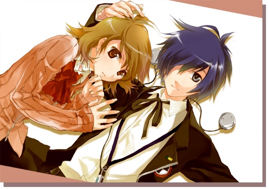 tsuji yuzu, takeba yukari, yuuki makoto (persona 3), atlus, persona, persona 3, 1boy, 1girl, blouse, blue hair, brown hair, cardigan, collared shirt, couple, digital media player, digital walkman, earphones, hair over one eye, hand on another's head, headphones, hetero, ribbon, shirt, walkman nw-s203f, white shirt