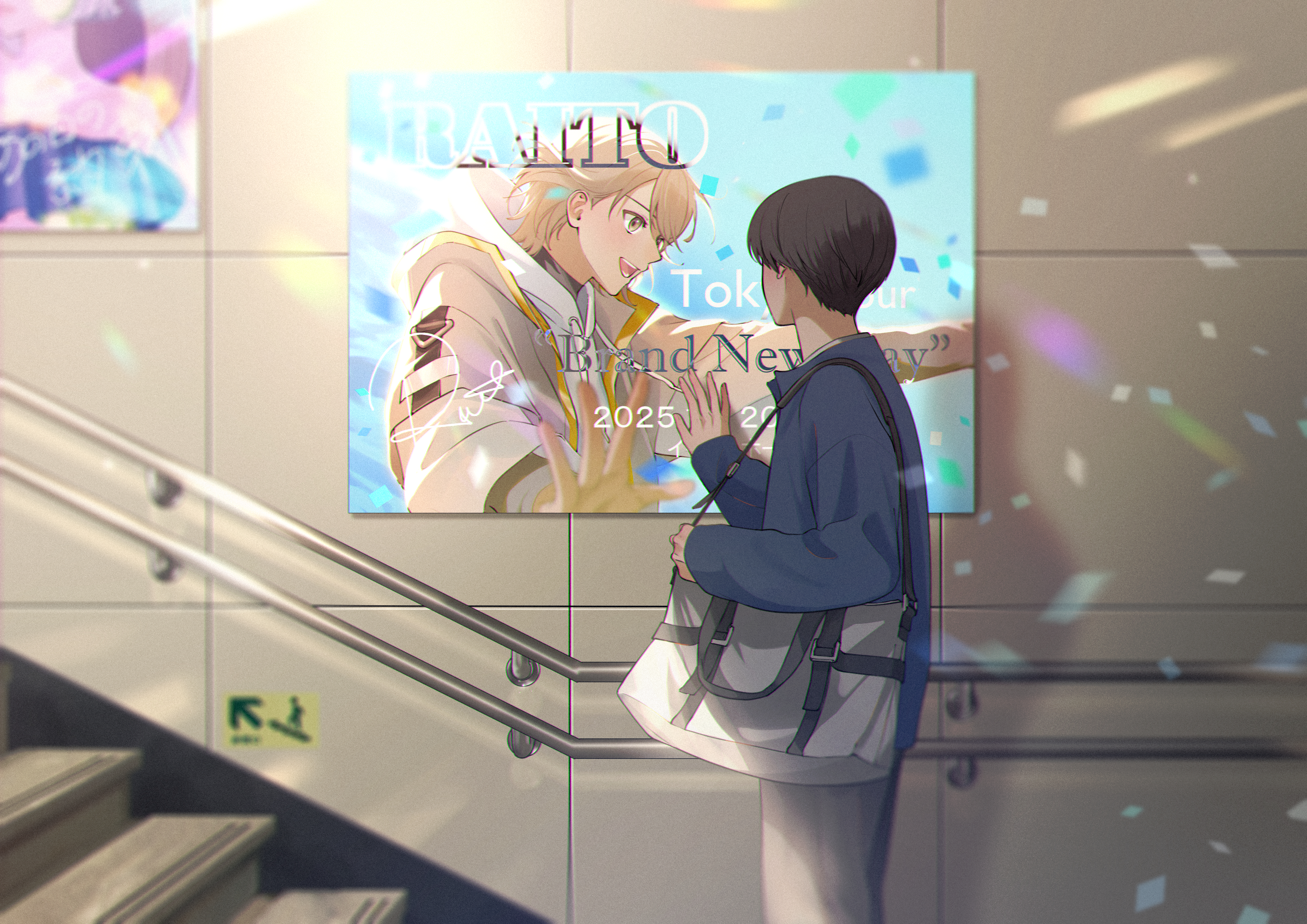 macaronk, original, absurdres, highres, 1boy, bag, blue shirt, brown hair, dated, grey pants, hand up, indoors, pants, railing, school bag, shirt, short hair, solo, standing