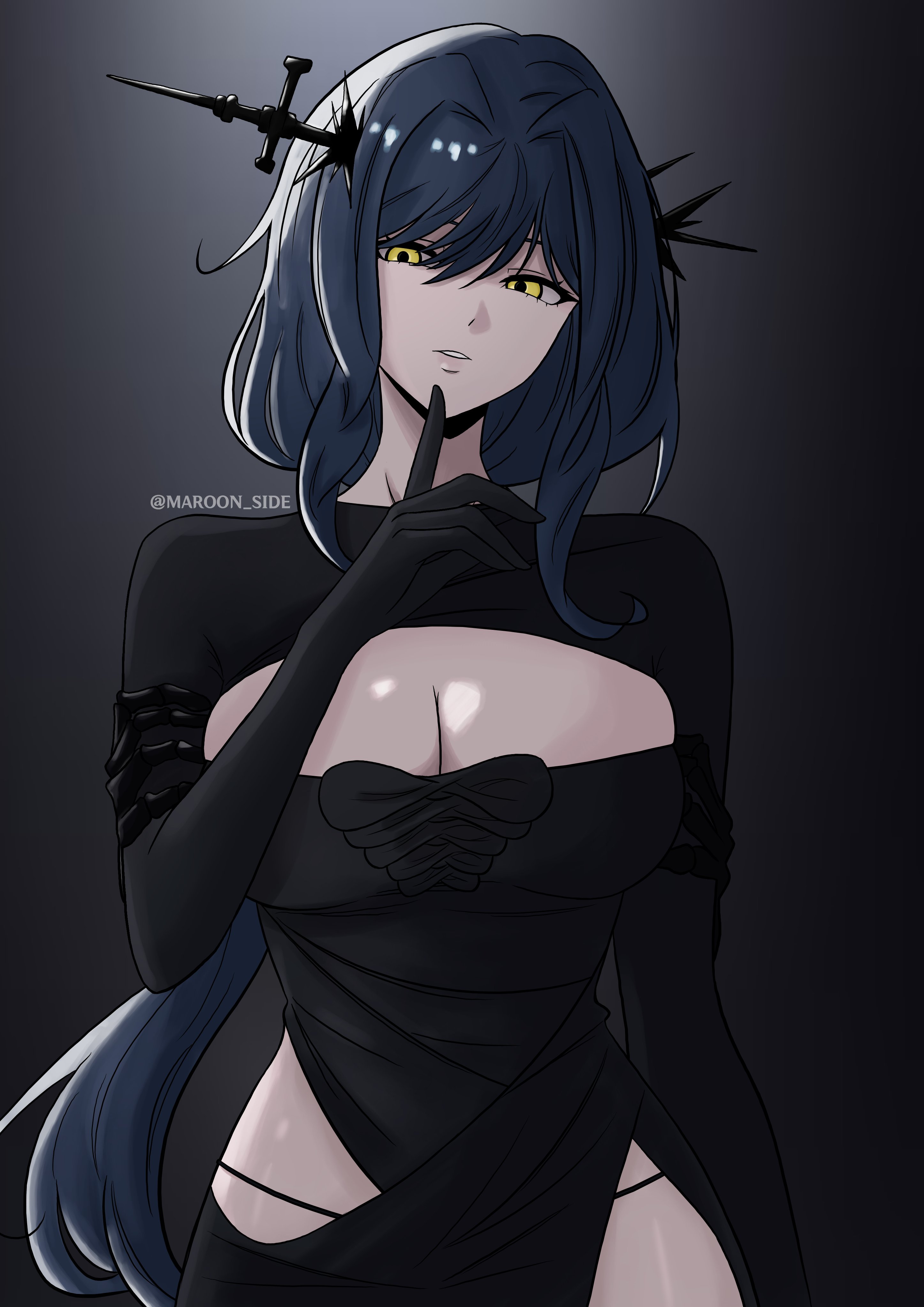 arcana (reverse:1999), reverse:1999, absurdres, highres, 1girl, black dress, blue hair, breasts, cleavage, cleavage cutout, clothing cutout, dress, elbow gloves, finger to mouth, gloves, gradient background, hand up, index finger raised, large breasts, long hair, long sleeves, looking at viewer, low ponytail, maroon (maroon side), ponytail, side cutout, side slit, solo, twitter username, upper body, yellow eyes