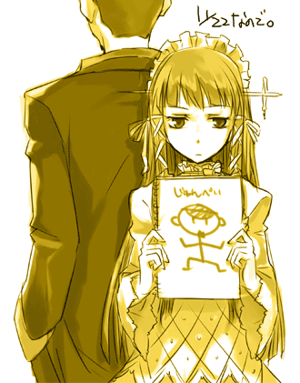 tsuji yuzu, iori junpei, yoshino chidori, atlus, persona, persona 3, drawing, lowres, blunt bangs, gothic lolita, lolita fashion, monochrome, yellow theme