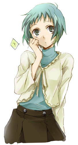 tsuji yuzu, yamagishi fuuka, atlus, persona, persona 3, lowres, 1girl, ?, aqua hair, belt, black skirt, blue eyes, blush, cowboy shot, female focus, green eyes, looking at viewer, short hair, simple background, skirt, solo, white background
