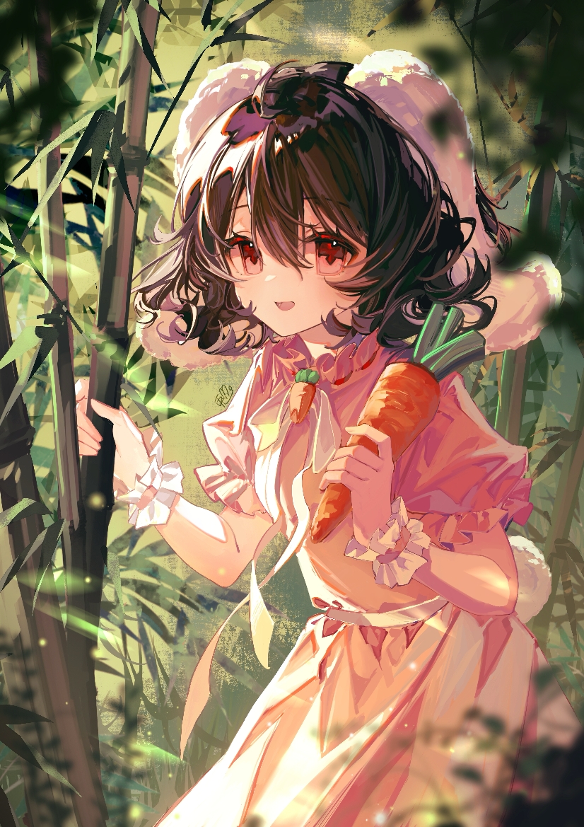 ringo no usagi, inaba tewi, touhou, 1girl, :d, ahoge, animal ears, bamboo, bamboo forest, belt, black hair, blurry, brooch, carrot, cowboy shot, curly hair, depth of field, double-parted bangs, dress, floppy ears, food, food-themed brooch, forest, frilled dress, frilled sleeves, frilled wrist cuffs, frills, hair between eyes, hands up, holding, holding carrot, holding food, jewelry, looking at viewer, nature, neck ribbon, open mouth, outdoors, pink dress, pink eyes, puffy short sleeves, puffy sleeves, rabbit ears, rabbit girl, rabbit tail, red eyes, ribbon, short hair, short sleeves, smile, solo, standing, tail, white belt, white ribbon, white tail, white wrist cuffs, wrist cuffs