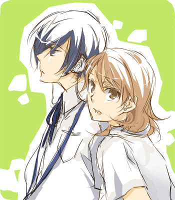 tsuji yuzu, takeba yukari, yuuki makoto (persona 3), atlus, persona, persona 3, lowres, 1boy, 1girl, blouse, blue hair, breast pocket, brown hair, collared shirt, couple, green background, hetero, pocket, school uniform, shirt, white shirt