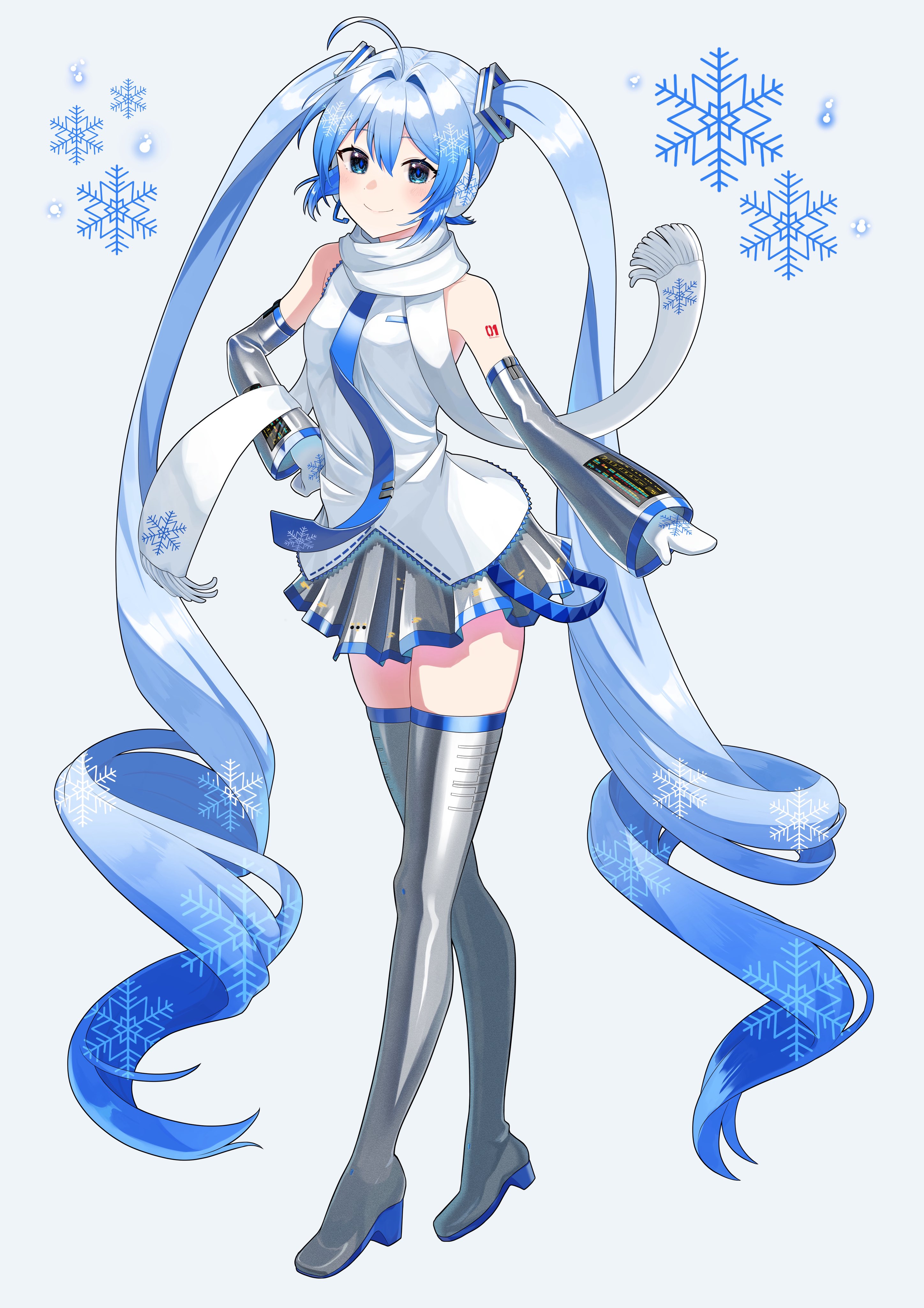 tatyaoekaki, hatsune miku, yuki miku, yuki miku (2011), vocaloid, absurdres, commentary request, highres, 1girl, ahoge, arm tattoo, blue eyes, blue hair, blue necktie, blue trim, blush, boots, closed mouth, detached sleeves, full body, grey skirt, hair between eyes, hair ornament, long hair, long sleeves, looking at viewer, mittens, necktie, number tattoo, official alternate costume, scarf, simple background, skirt, smile, snowflake print, snowflakes, solo, tattoo, thick thighs, thigh boots, thighhighs, thighs, twintails, very long hair, white background, white mittens, white scarf, wide sleeves, zettai ryouiki