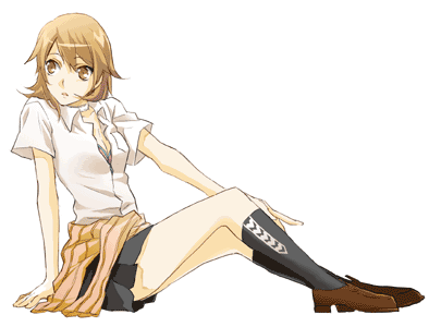 tsuji yuzu, takeba yukari, atlus, persona, persona 3, lowres, black socks, blouse, bra, breasts, brown eyes, brown hair, cleavage, clothes around waist, full body, kneehighs, lingerie, school uniform, shirt, simple background, sitting, socks, solo, sweater, sweater around waist, underwear, white background, white shirt