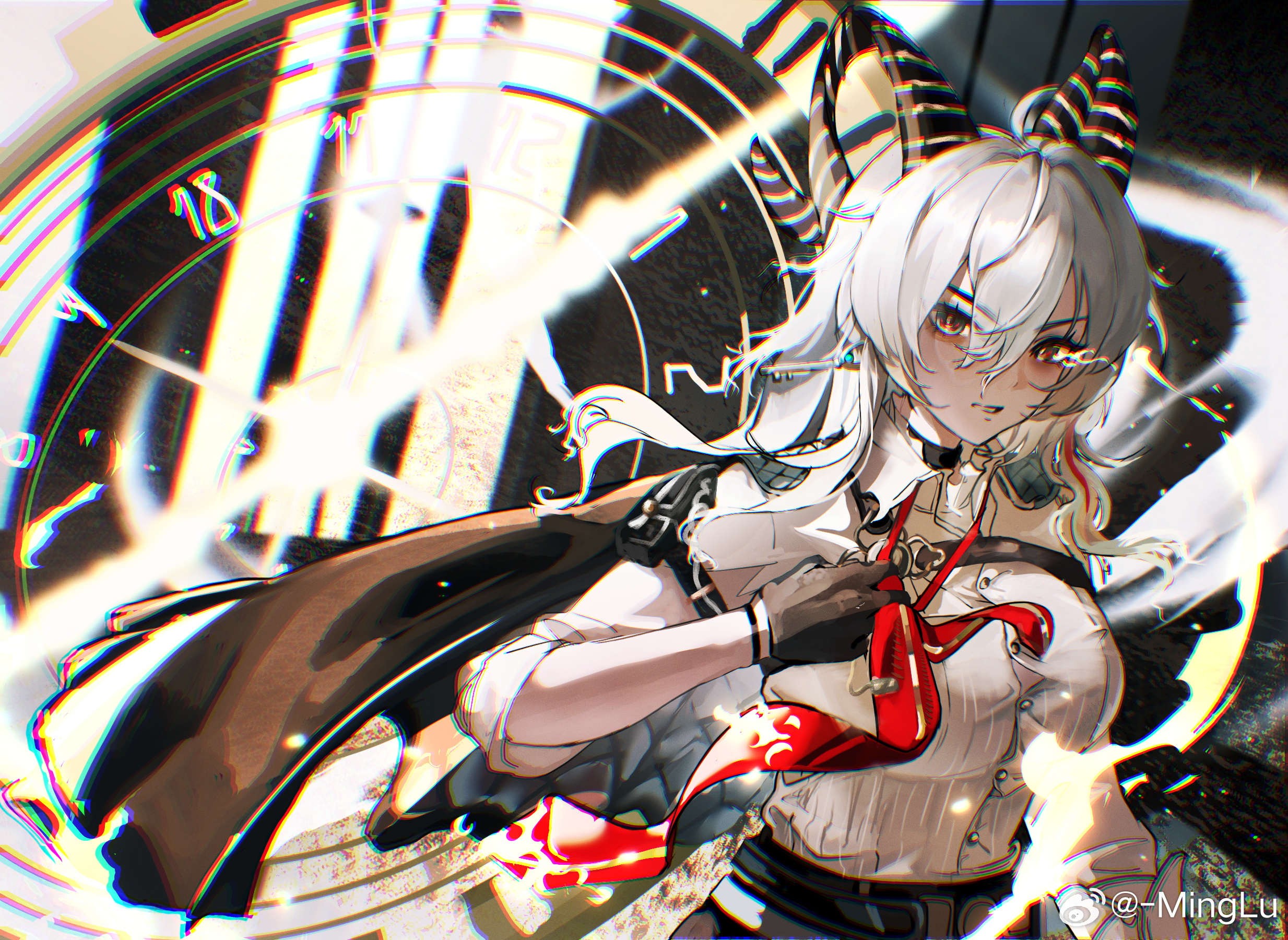 minglu (gululu), zani (wuthering waves), wuthering waves, highres, 1girl, adjusting clothes, adjusting necktie, arm pouch, black eyes, black horns, breasts, chest harness, chromatic aberration, curled horns, earrings, grey hair, hair between eyes, harness, heavy chromatic aberration, horns, jewelry, key earrings, large breasts, long hair, looking at viewer, missing commentary, multicolored eyes, multicolored hair, necktie, parted lips, pouch, red eyes, red necktie, shirt, shirt tucked in, solo, streaked hair, two-tone eyes, upper body, white shirt