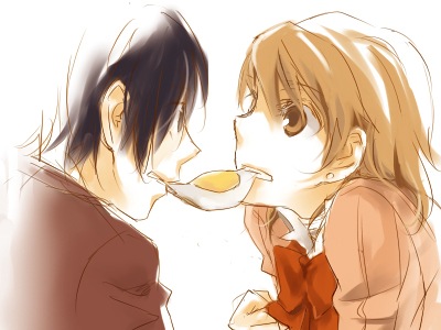 tsuji yuzu, takeba yukari, yuuki makoto (persona 3), atlus, persona, persona 3, lowres, 1boy, 1girl, blue hair, brown eyes, brown hair, couple, egg, egg (food), food, fried egg, hetero, mouth hold, school uniform