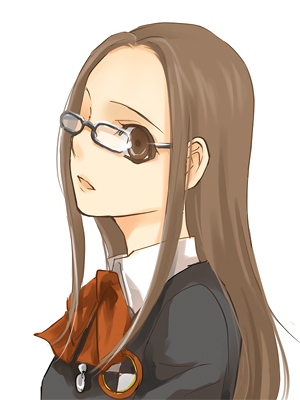 tsuji yuzu, fushimi chihiro, atlus, persona, persona 3, lowres, bow, bowtie, brown eyes, brown hair, glasses, long hair, portrait, red bow, red bowtie, ribbon, school uniform, simple background, solo, white background