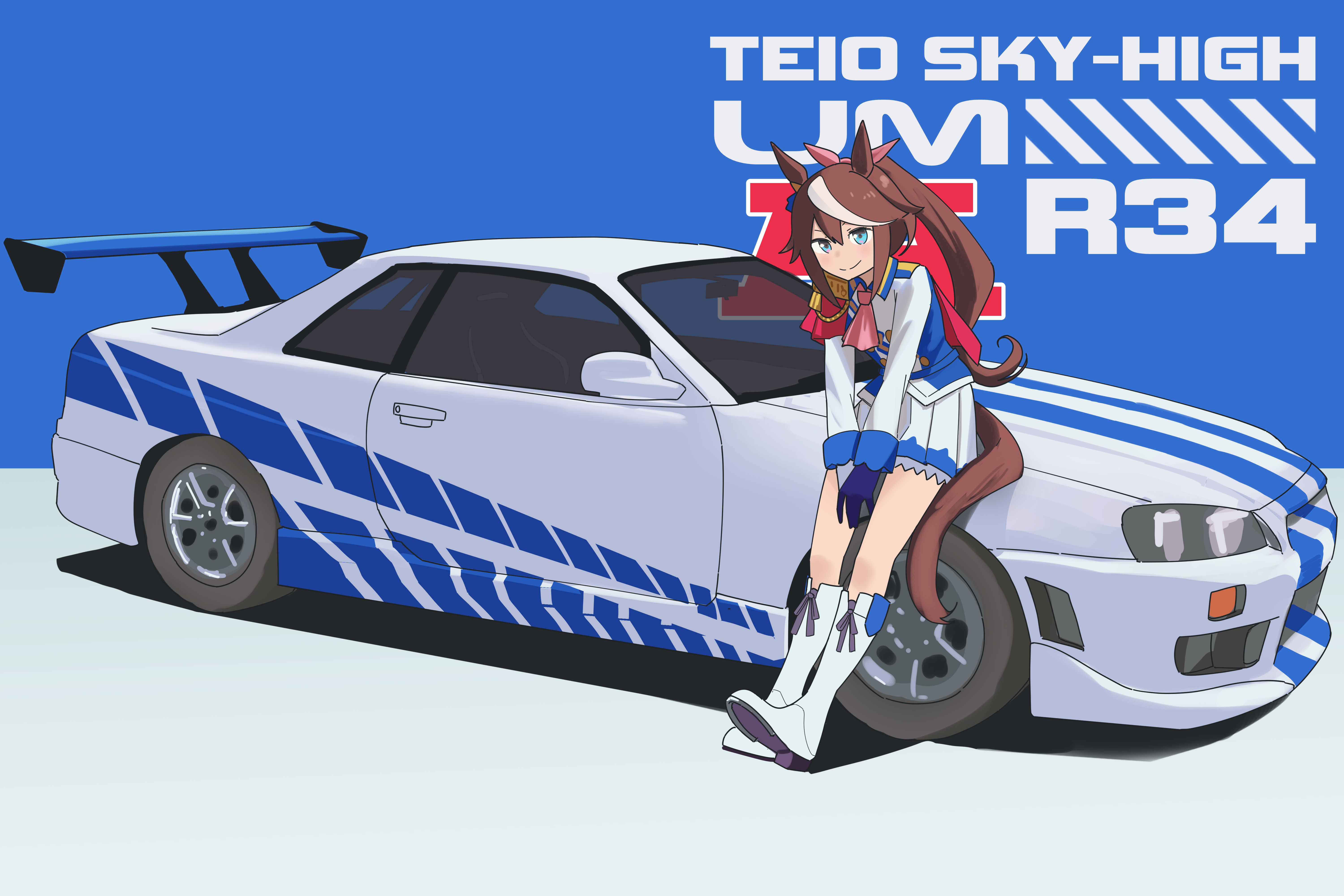 myticalcat, tokai teio (peak joy) (umamusume), tokai teio (umamusume), umamusume, absurdres, commentary, english commentary, highres, 1girl, animal ears, ascot, asymmetrical gloves, blue background, blue eyes, blue gloves, boots, bow, brown hair, buttons, car, closed mouth, double-breasted, ear bow, ear ornament, ear ribbon, english text, epaulettes, full body, gloves, hair ribbon, high ponytail, horse ears, horse girl, horse tail, jacket, knee boots, long hair, long sleeves, looking at viewer, mismatched gloves, motor vehicle, multicolored hair, multicolored jacket, nissan skyline, nissan skyline r34, pink ascot, pink ribbon, pleated skirt, ponytail, ribbon, single epaulette, skirt, smile, solo, streaked hair, tail, two-tone background, two-tone jacket, two-tone skirt, vehicle name, white background, white boots, white gloves, white hair, white jacket, white skirt