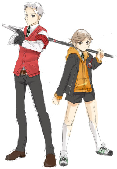 tsuji yuzu, amada ken, sanada akihiko, atlus, persona, persona 3, white legwear, 2boys, armband, blouse, brown eyes, brown hair, full body, gloves, grey hair, holding, holding polearm, holding spear, holding weapon, kneehighs, male focus, multiple boys, polearm, ribbon, school uniform, shirt, simple background, socks, spear, weapon, white background, white shirt