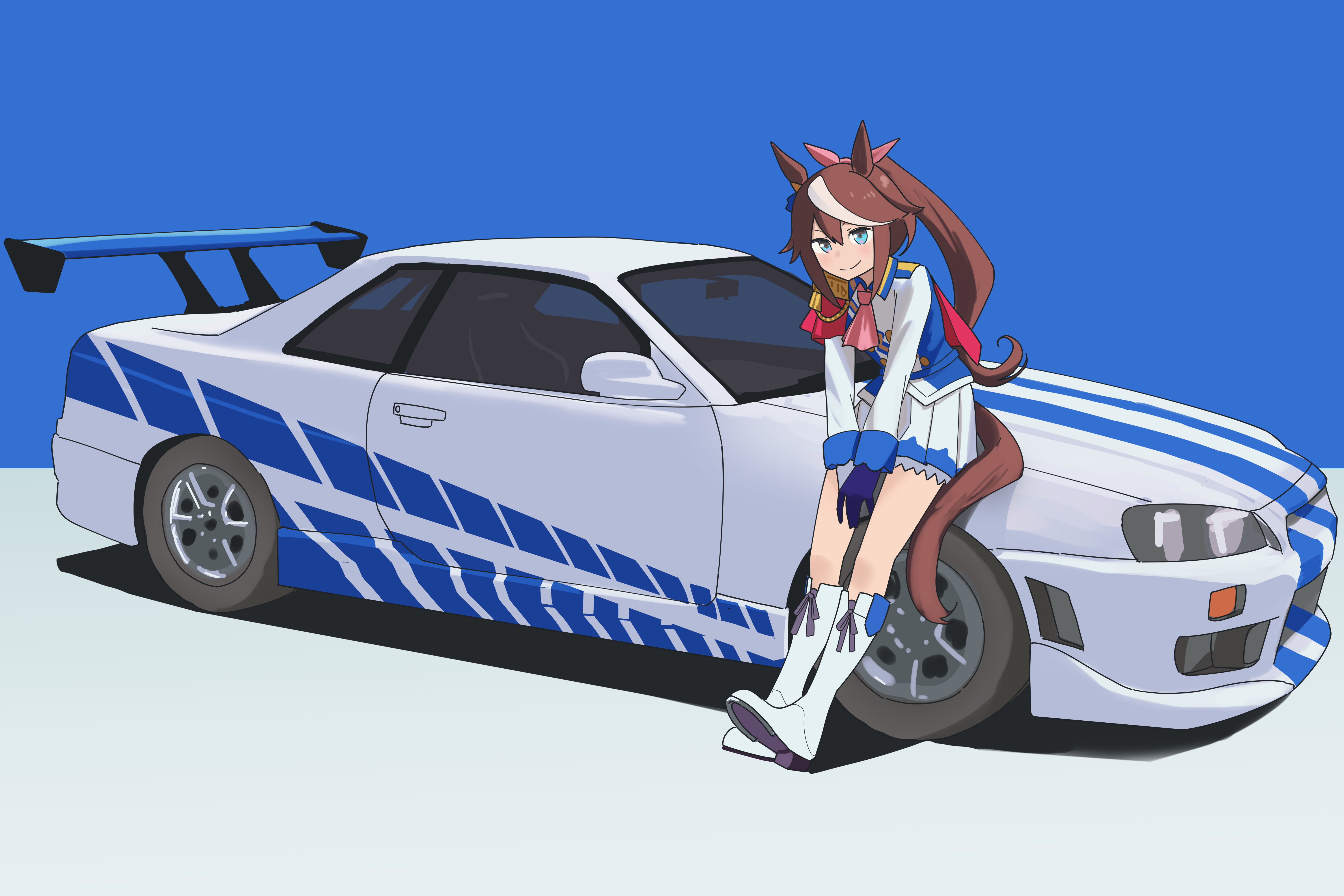 myticalcat, tokai teio (peak joy) (umamusume), tokai teio (umamusume), umamusume, absurdres, commentary, english commentary, highres, 1girl, animal ears, ascot, asymmetrical gloves, blue background, blue eyes, blue gloves, boots, bow, brown hair, buttons, car, closed mouth, double-breasted, ear bow, ear ornament, ear ribbon, epaulettes, full body, gloves, hair ribbon, high ponytail, horse ears, horse girl, horse tail, jacket, knee boots, long hair, long sleeves, looking at viewer, mismatched gloves, motor vehicle, multicolored hair, multicolored jacket, nissan skyline, nissan skyline r34, pink ascot, pink ribbon, pleated skirt, ponytail, ribbon, single epaulette, skirt, smile, solo, streaked hair, tail, two-tone background, two-tone jacket, two-tone skirt, white background, white boots, white gloves, white hair, white jacket, white skirt