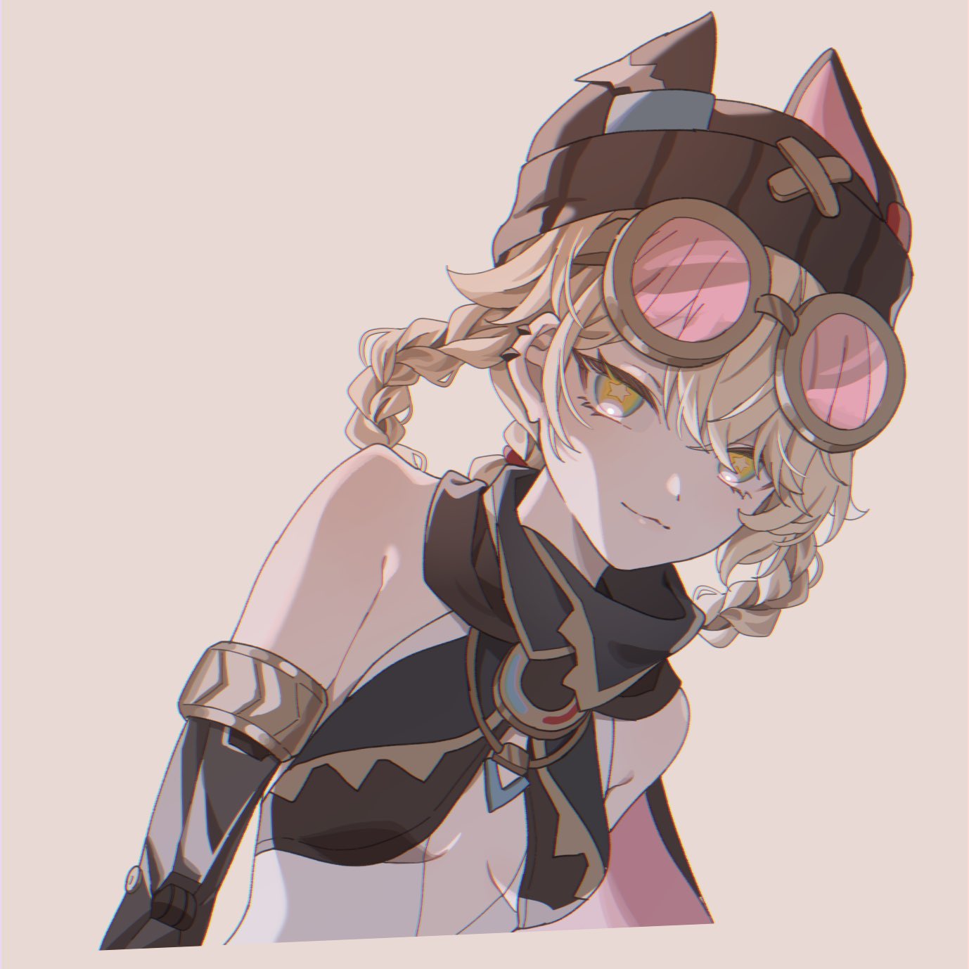 12zuiun, jahoda (genshin impact), genshin impact, clothing request, highres, 1girl, :3, animal ear headwear, armpit crease, arms at sides, asymmetrical bangs, bare shoulders, beanie, black hat, black scarf, blonde hair, braid, braided hair rings, breasts, cleavage cutout, closed mouth, clothing cutout, cropped torso, eyelashes, eyewear on head, fake animal ears, grey background, hair rings, hat, leaning to the side, mechanical arms, medium breasts, pink-tinted eyewear, scarf, short hair, sidelocks, smile, solo, star-shaped pupils, star (symbol), symbol-shaped pupils, tinted eyewear, tsurime, yellow-framed eyewear, yellow eyes