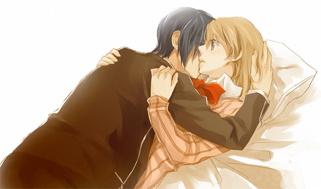 tsuji yuzu, takeba yukari, yuuki makoto (persona 3), atlus, persona, persona 3, 1boy, 1girl, bed, blue hair, blush, brown eyes, brown hair, cardigan, couple, hand on another's head, hetero, hug, kiss, ribbon, school uniform