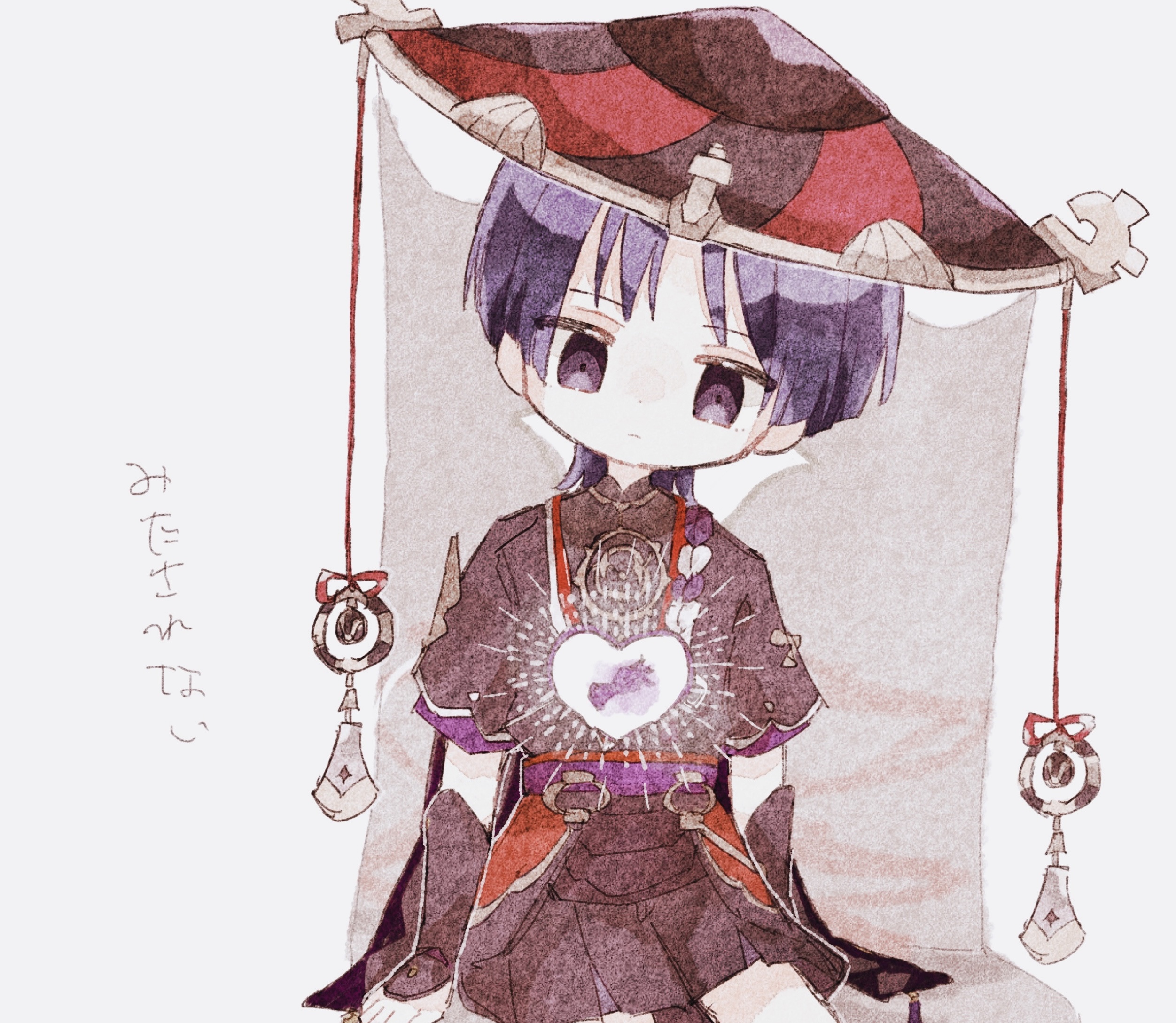 nekorune (bukubuku awai), scaramouche (genshin impact), genshin impact, highres, translation request, 1boy, armor, arms at sides, black hat, black kimono, black shorts, black sleeves, blunt ends, closed mouth, empty eyes, expressionless, furisode, gnosis (genshin impact), gold, grey veil, hat, head tilt, heart, hole in chest, hole on body, japanese armor, japanese clothes, jingasa, juban, kimono, kote, kurokote, layered sleeves, male focus, o-ring, open clothes, open kimono, purple eyes, purple hair, purple rope, purple sash, purple sleeves, red hat, red kimono, red sash, rope, sash, shimenawa, short sleeves, shorts, single sode, sitting, solo, tilted headwear, two-tone hat, veil, white background, white kimono, white rope, wispy bangs