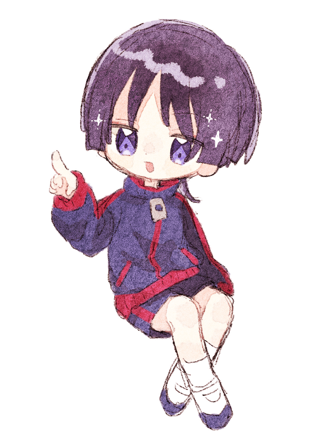 nekorune (bukubuku awai), scaramouche (genshin impact), genshin impact, highres, 1boy, alternate costume, arm at side, blunt ends, full-length zipper, full body, hand up, index finger raised, jacket, long sleeves, looking at viewer, male focus, open mouth, purple eyes, purple hair, purple jacket, purple shorts, purple sleeves, red trim, shoes, shorts, socks, solo, track jacket, white background, white shoes, white socks, wispy bangs, zipper, zipper pull tab