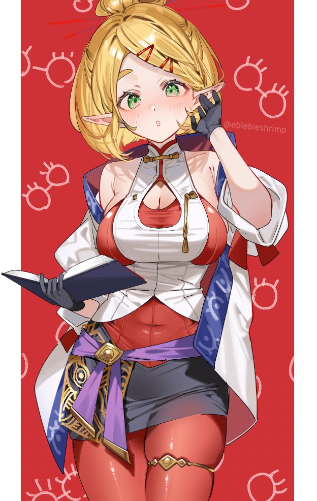 shuri (84k), princess zelda, purah, nintendo, the legend of zelda, the legend of zelda: tears of the kingdom, commentary request, 1girl, adjusting hair, black gloves, black skirt, blonde hair, book, breasts, cleavage, cosplay, gloves, green eyes, hair ornament, hair stick, holding, holding book, jacket, large breasts, looking at viewer, off shoulder, open clothes, open jacket, pantyhose, parted bangs, pencil skirt, pointy ears, purah (cosplay), red-framed eyewear, red pantyhose, round eyewear, shirt, short hair, skirt, sleeveless, sleeveless shirt, twitter username, white background, white jacket, white shirt