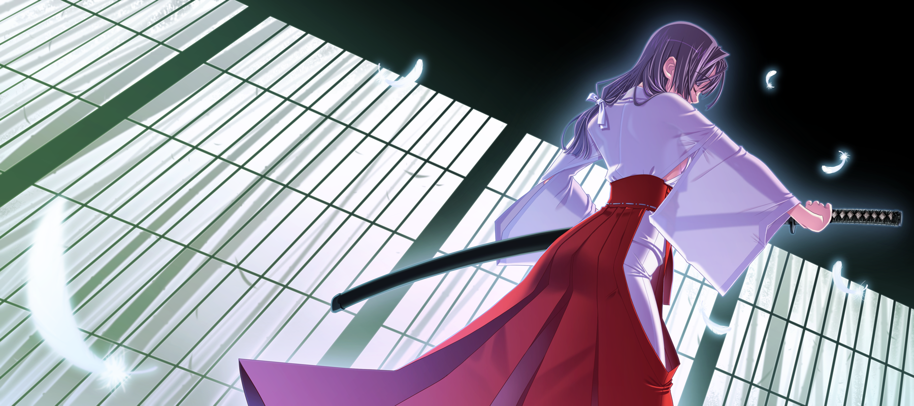sakuya tsuitachi, original, highres, 1girl, covered mouth, female focus, fighting stance, from below, hakama, hakama skirt, japanese clothes, katana, long hair, low-tied long hair, miko, no bra, ready to draw, red hakama, skirt, solo, standing, sword, weapon
