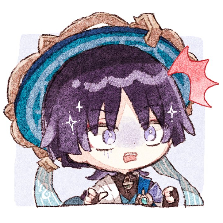 nekorune (bukubuku awai), scaramouche (genshin impact), wanderer (genshin impact), genshin impact, derivative work, 1boy, ^^^, black bodysuit, black bridal gauntlets, blue cape, blue gemstone, blue hat, blue kimono, blunt ends, bodysuit, border, bridal gauntlets, cape, clenched hand, cropped torso, curled fingers, eyeliner, eyeshadow, gem, gold, grey background, hat, japanese clothes, jingasa, juban, kimono, looking to the side, makeup, male focus, mandarin collar, open mouth, parted bangs, purple eyes, purple hair, red eyeliner, red eyeshadow, solo, surprised, teeth, upper teeth only, vision (genshin impact), white border, white kimono, wide-eyed, wispy bangs