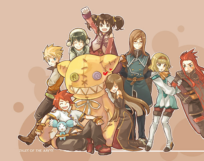 morisuke, anise tatlin, asch (tales), guy cecil, ion (tales), jade curtiss, luke fon fabre, mieu (tales), natalia luzu kimlasca lanvaldear, tear grants, tokunaga (tales), tales of (series), tales of the abyss, 00s, 3girls, 5boys, ascot, blonde hair, blue eyes, brown eyes, brown hair, closed eyes, copyright name, glasses, gloves, green hair, hair tubes, hairband, long hair, multiple boys, multiple girls, open mouth, orange ascot, pantyhose, red hair, ribbon, smile, surcoat, thighhighs, twintails