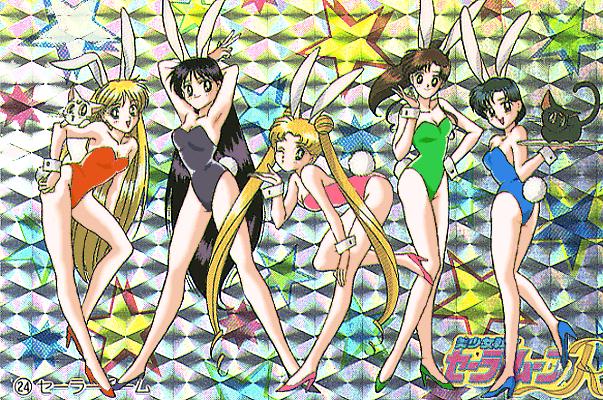 tadano kazuko, aino minako, artemis (sailor moon), hino rei, kino makoto, luna (sailor moon), mizuno ami, tsukino usagi, bishoujo senshi sailor moon, black footwear, blue footwear, green footwear, 1990s (style), 5girls, :d, animal ears, armpits, arms behind head, ass, bare legs, bare shoulders, black cat, black hair, black leotard, blonde hair, blowing kiss, blue hair, blue leotard, blush, brown hair, cat, double bun, everyone, fake animal ears, hair bun, hand on own hip, high heels, hip focus, leaning, leg up, legs, leotard, lineup, long hair, multiple girls, one eye closed, open mouth, orange shoes, pink shoes, playboy bunny, ponytail, rabbit ears, rabbit tail, retro artstyle, shoes, short hair, smile, star (symbol), tail, tray, twintails, very long hair, wink, wrist cuffs