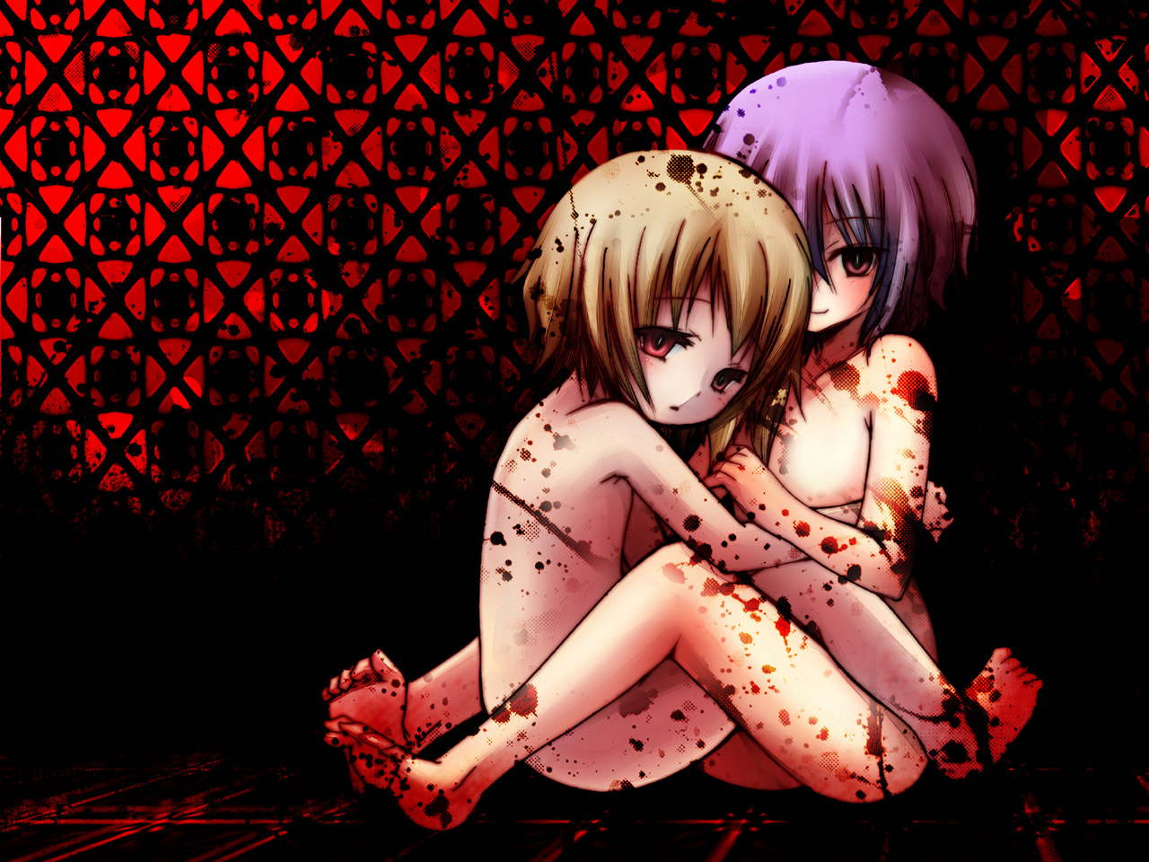 fujisaki hikari, flandre scarlet, remilia scarlet, touhou, light purple hair, 2girls, barefoot, blonde hair, blood, feet, female focus, loli, multiple girls, nude, red eyes, short hair, siblings, sisters, soles, toes