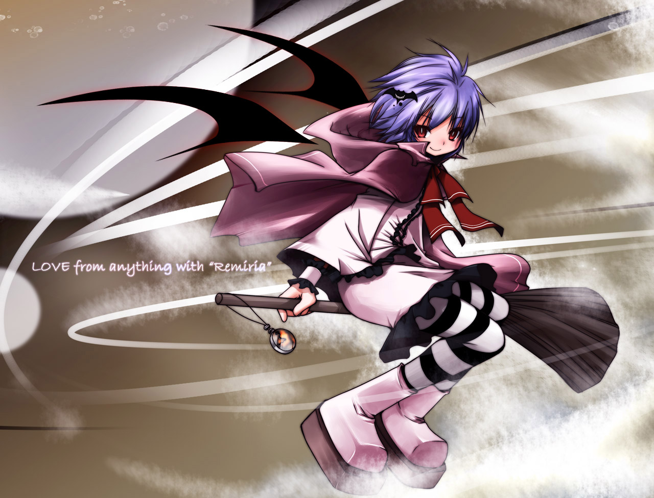 fujisaki hikari, remilia scarlet, touhou, 1girl, broom, broom riding, female focus, pantyhose, sidesaddle, solo, striped clothes, striped pantyhose