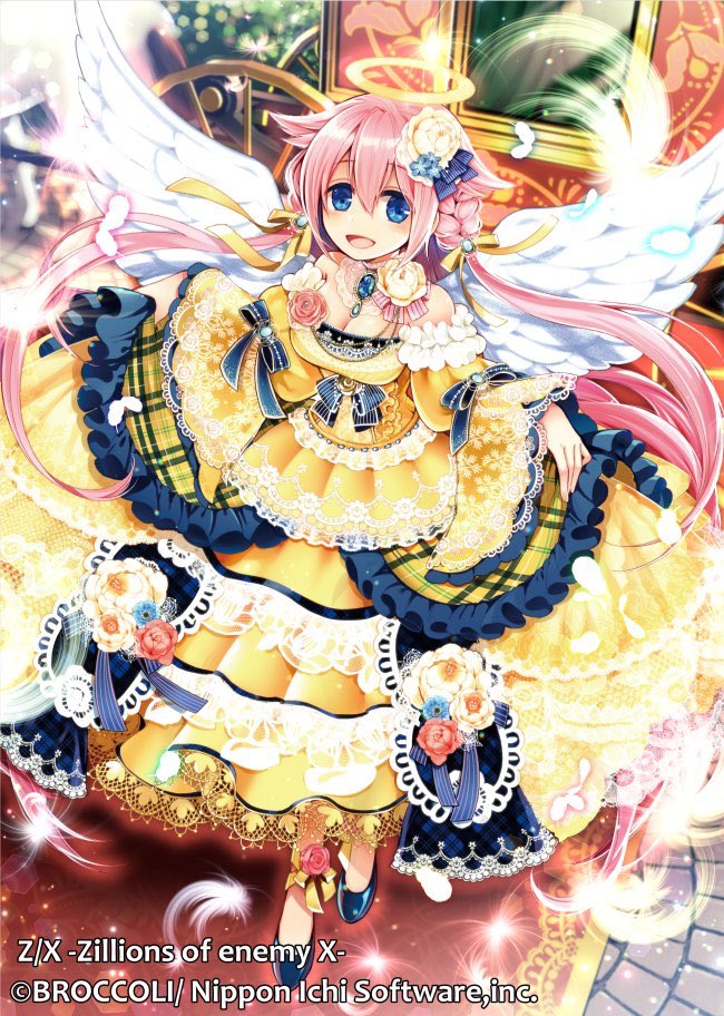 negi mugiya, z/x, official art, 1girl, bare shoulders, blue eyes, blue shoes, breasts, cleavage, copyright notice, dress, feathered wings, feathers, flower, from above, hair flower, hair ornament, hair ribbon, halo, indoors, large breasts, marie (z/x), off-shoulder dress, off shoulder, pink hair, ribbon, shoes, skirt hold, solo, sparkle, traditional halo, wings, yellow dress, yellow ribbon