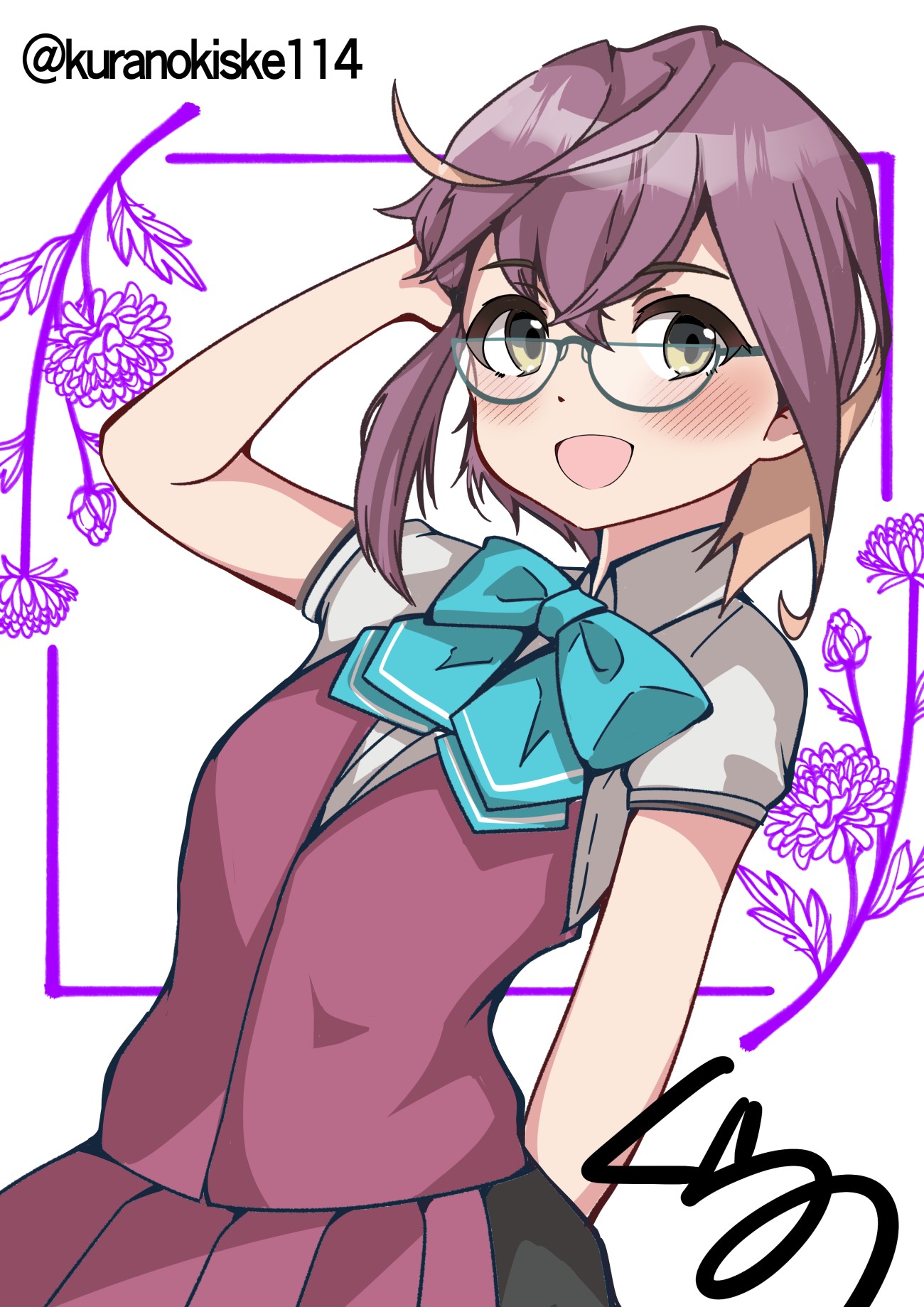 kurano kisuke, okinami (kancolle), kantai collection, highres, 1girl, aqua bow, aqua bowtie, bow, bowtie, brown eyes, colored inner hair, glasses, grey eyes, multicolored hair, one-hour drawing challenge, purple hair, purple skirt, purple vest, short hair, signature, skirt, smile, solo, summer uniform, twitter username, upper body, vest