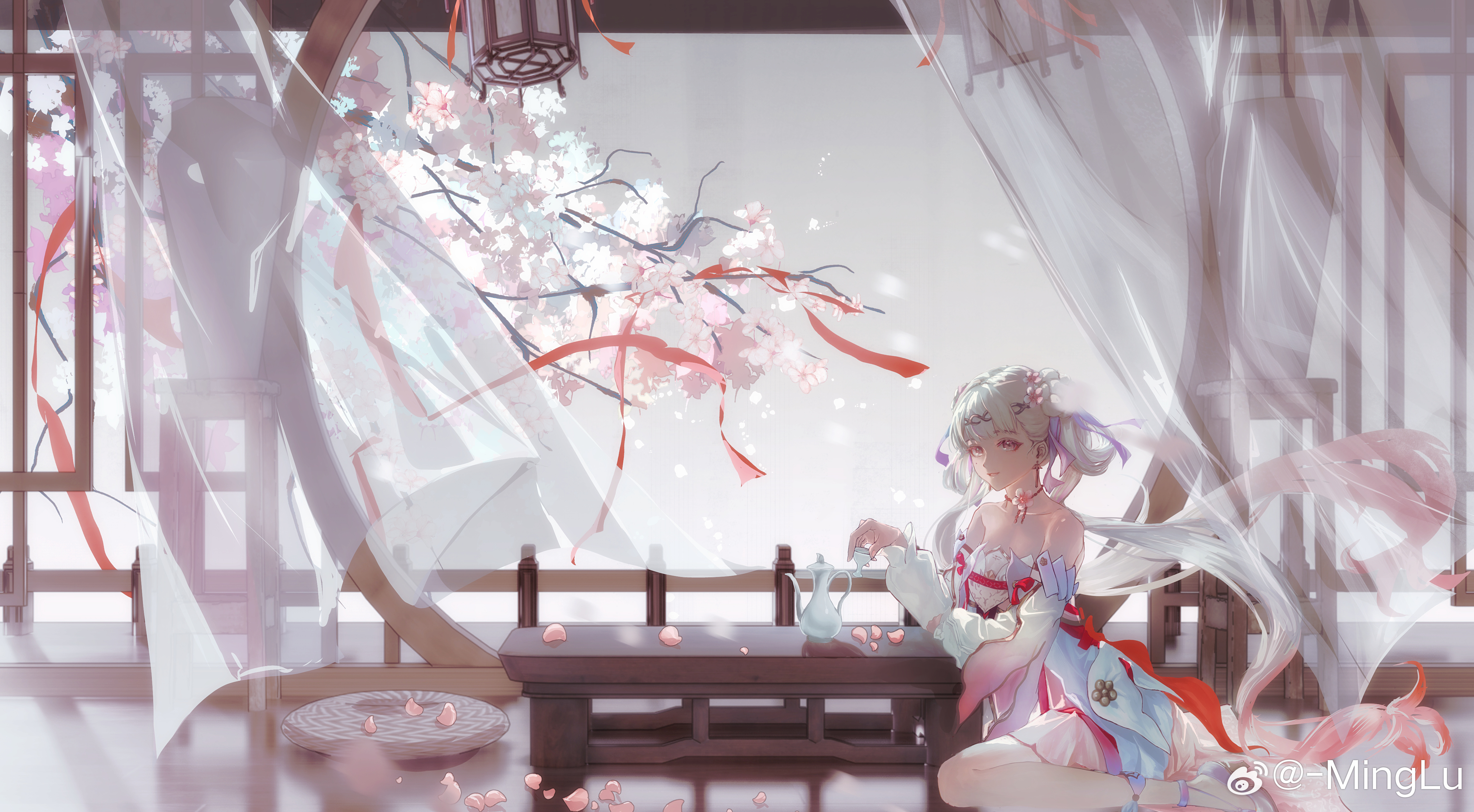 minglu (gululu), jinhsi (peach blossom) (wuthering waves), jinhsi (wuthering waves), wuthering waves, absurdres, highres, 1girl, bare shoulders, cherry blossoms, chinese clothes, detached sleeves, dress, earrings, flower, gradient hair, hair flower, hair ornament, hair ribbon, hanfu, high heels, jewelry, long hair, missing commentary, mole, mole on cheek, multicolored hair, parted lips, pink flower, pink hair, pink petals, purple ribbon, purple shoes, ribbon, shoes, sitting, smile, solo, very long hair, white dress, white eyes, white hair
