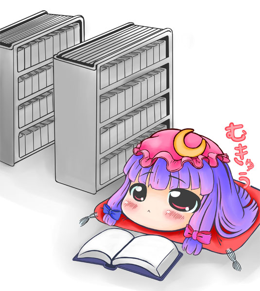 tenmus, patchouli knowledge, touhou, translated, :<, blush, book, female focus, library, mukyuu, no humans, purple hair, solo, voile, yukkuri shiteitte ne
