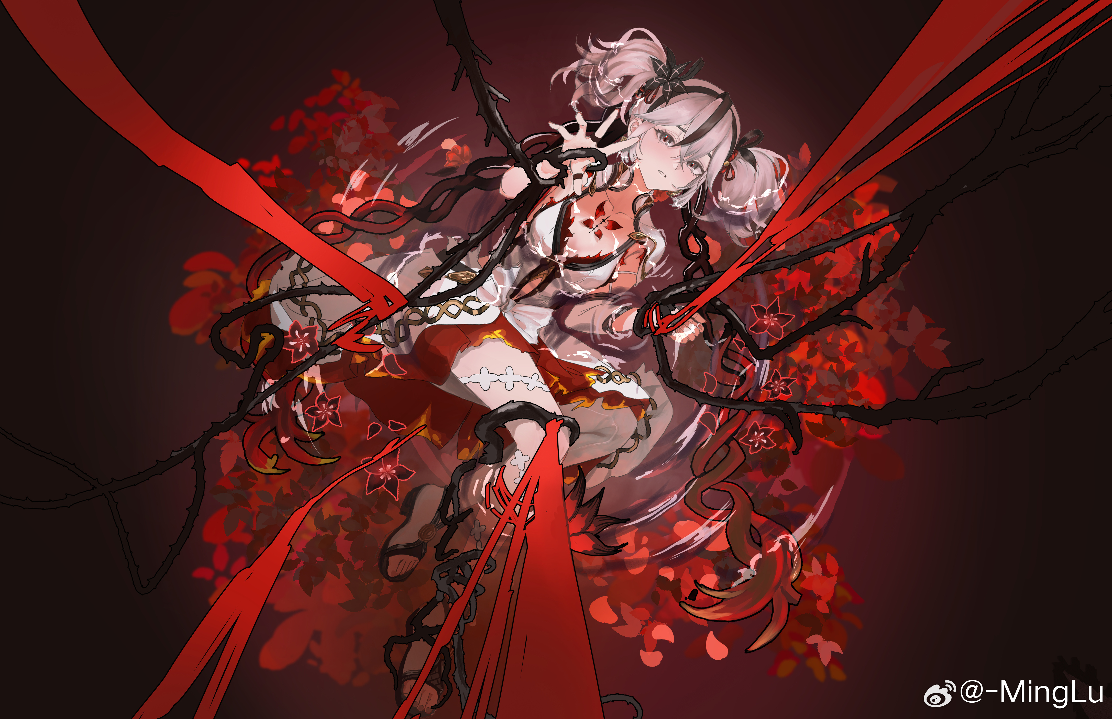 minglu (gululu), camellya (wuthering waves), wuthering waves, absurdres, highres, 1girl, arm up, black eyes, black flower, blake bloom (wuthering waves), breasts, collar, collarbone, dress, flower, from above, full body, hair between eyes, hair flower, hair ornament, looking at viewer, medium breasts, missing commentary, open-toe shoes, parted lips, partially submerged, red flower, short twintails, solo, tacet mark (wuthering waves), twintails, water, white collar, white dress, white hair