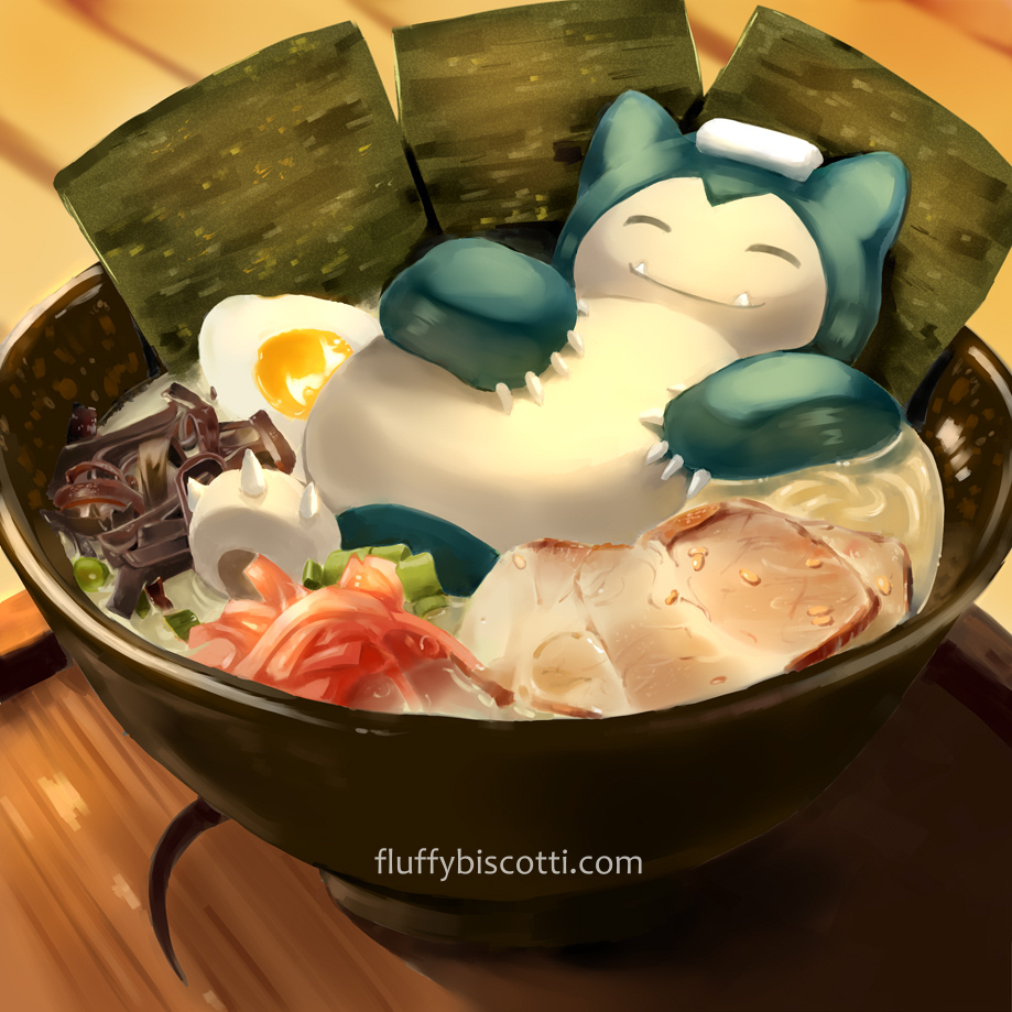 fluffybiscotti, snorlax, nintendo, pokemon, commentary, artist name, bowl, egg (food), food, gen 1 pokemon, indoors, no humans, noodles, pokemon (creature), ramen, seaweed, watermark, web address