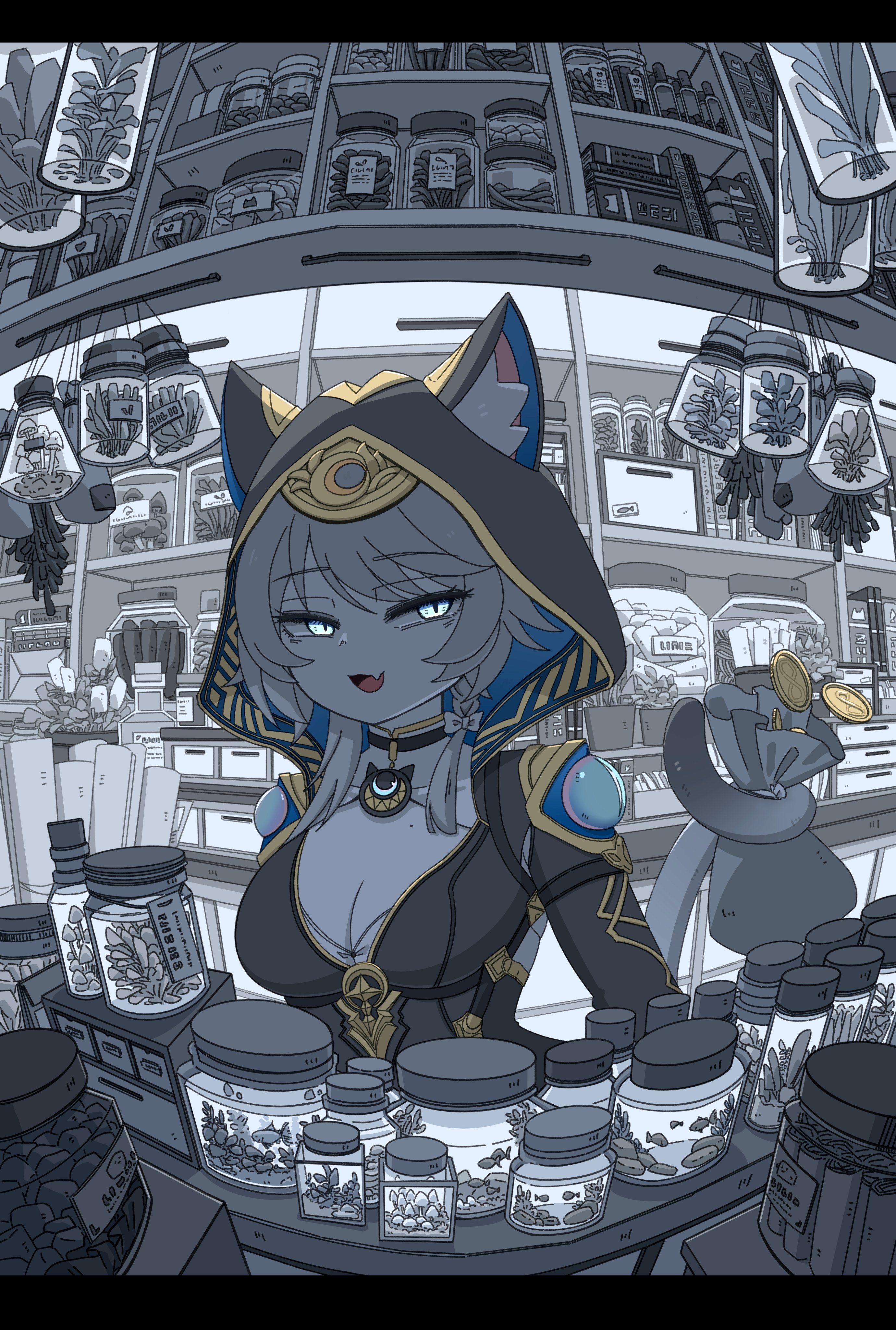minahonn, cipher (honkai: star rail), honkai: star rail, honkai (series), absurdres, commentary request, highres, 1girl, animal ear fluff, animal ears, animal hood, aquarium, bow, braid, breasts, cat ears, cat girl, cat hood, cat tail, cleavage, coin, fang, fish, half-closed eyes, hood, jar, leotard, medium breasts, mole, mole on breast, plant, single braid, skin fang, tail, upper body