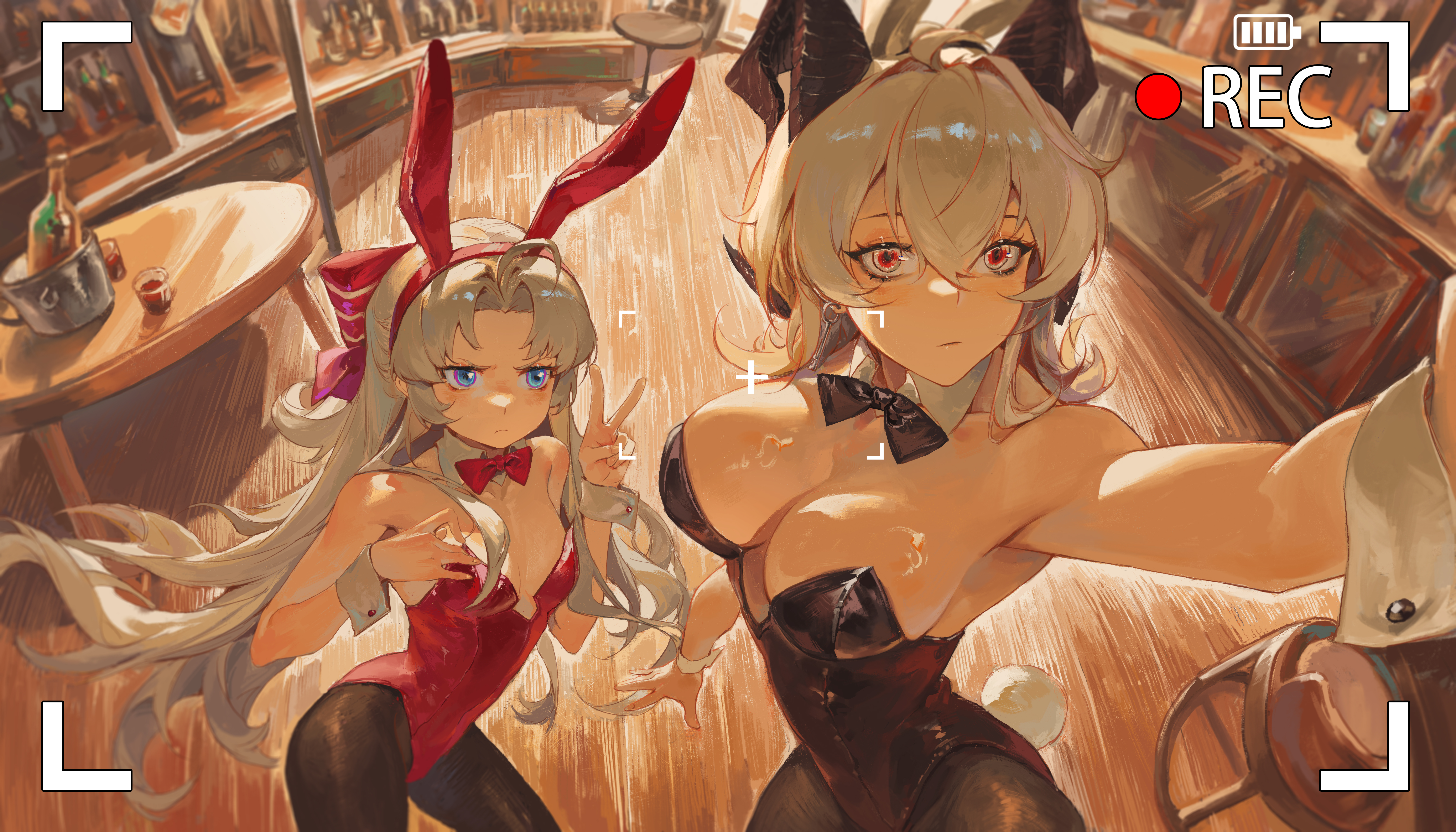 liudaohai6001, carlotta (wuthering waves), zani (wuthering waves), wuthering waves, absurdres, bad id, bad pixiv id, commentary request, highres, partial commentary, 2girls, alternate costume, animal ear hairband, animal ears, bare shoulders, black bow, black bowtie, black horns, black leotard, black pantyhose, blue eyes, bow, bowtie, breasts, closed mouth, curled horns, detached collar, earrings, fake animal ears, fake tail, grey hair, hair between eyes, hair bow, hairband, horns, indoors, jewelry, key earrings, large breasts, leotard, long hair, looking at viewer, multiple girls, pantyhose, parted bangs, pink bow, pink bowtie, pink leotard, playboy bunny, rabbit ear hairband, rabbit ears, rabbit tail, recording, red eyes, small breasts, striped bow, tail, v, very long hair, wrist cuffs