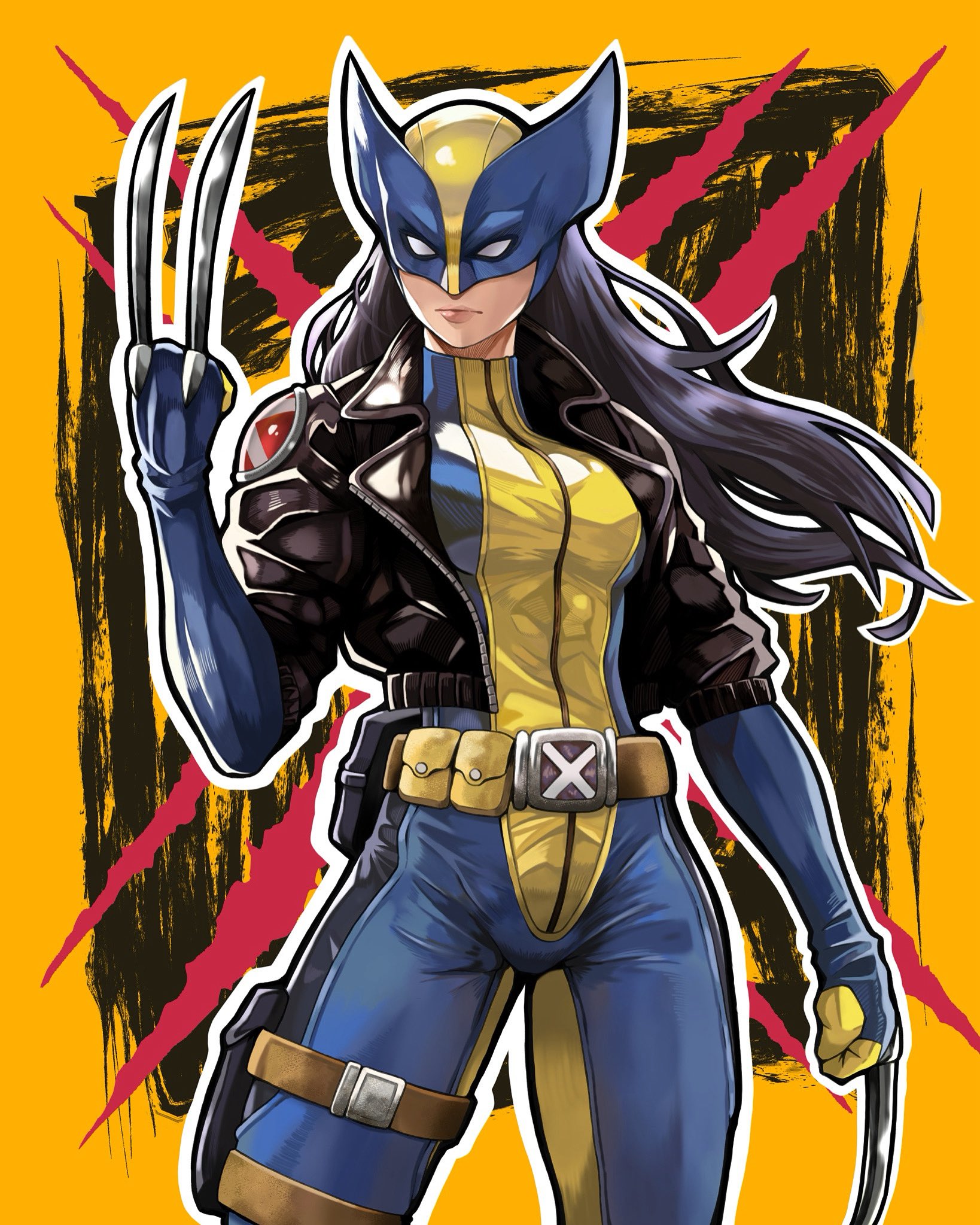 to-ru, laura kinney, wolverine (x-men), x-23, marvel, x-men, highres, 1girl, animification, black hair, bodysuit, breasts, claw (weapon), claws, cosplay, long hair, looking at viewer, solo, superhero costume, weapon, wolverine (x-men) (cosplay), yellow bodysuit